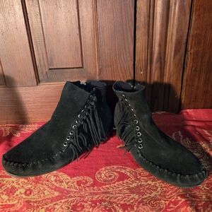 Minnetonka Black Suede Fringe Moccasins
